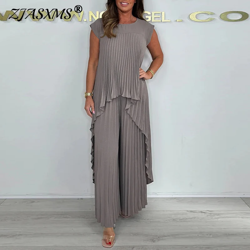 

Fashion O Neck Irregular Long Top & Wide Leg Pant Sets Woman Spring Solid Pleated 2pcs Suit Sexy Sleeveless Loose Summer Outfits