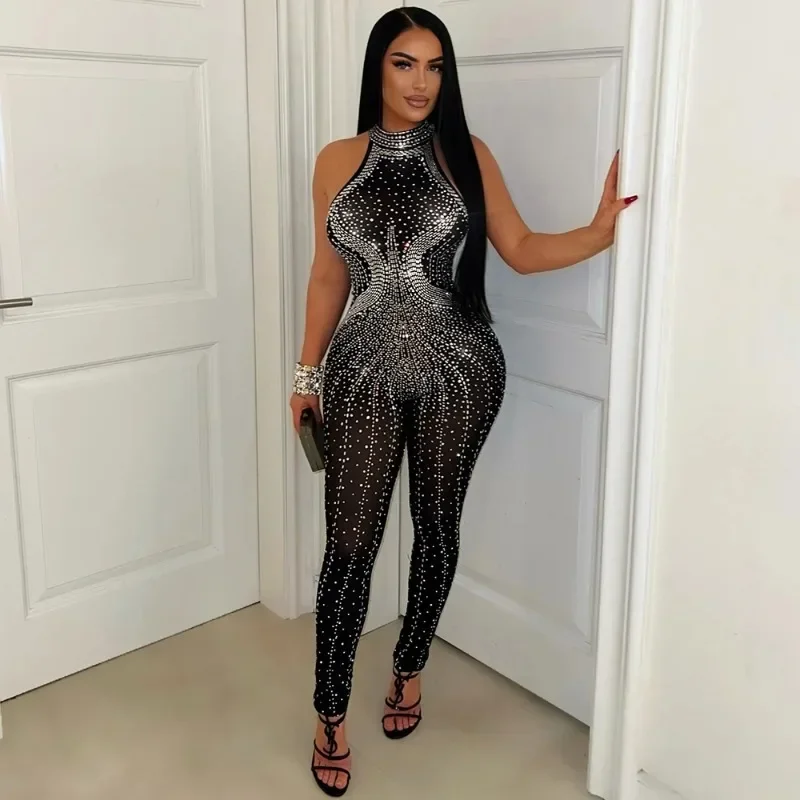 

GUWU Summer Sleeveless Women Halter Jumpsuits Diamonds Hot Rhinestones Rompers One Piece Sexy Pencil Night Club Party Outfits