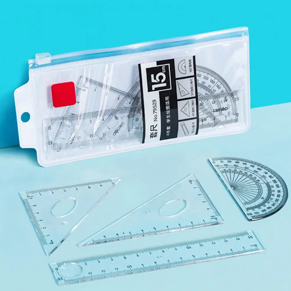 Ruler with Set Squares Transparent Ruler Set with Scale Round Hollow Design Protractor Ideal for Students for Students