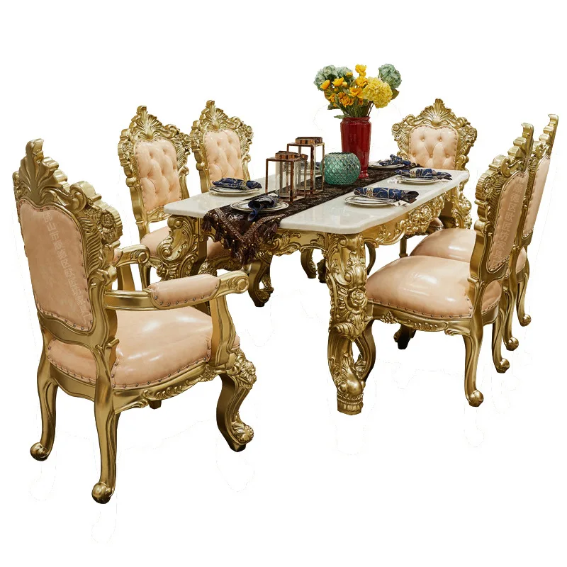 

European solid wood leather dining chair carving