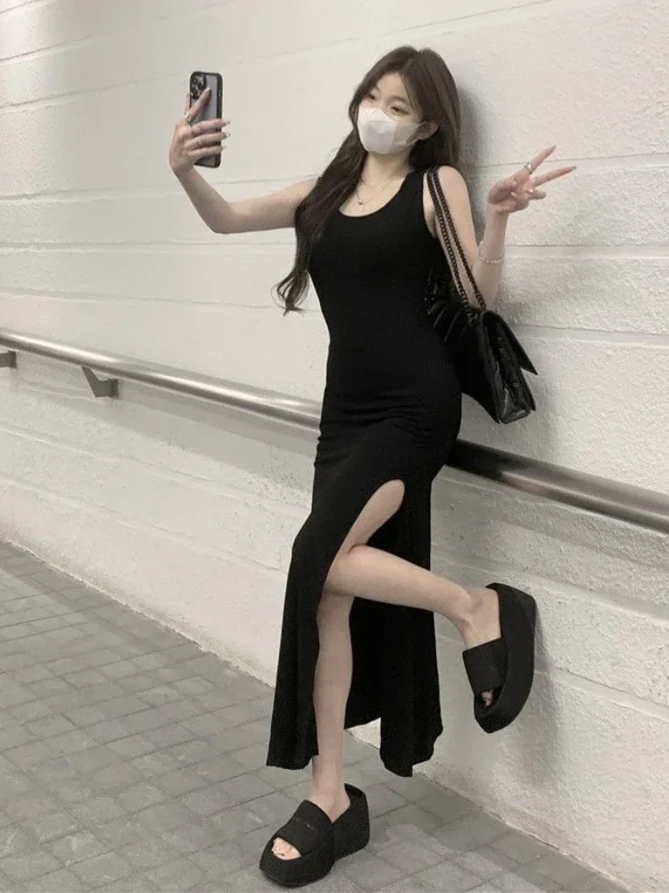 Abiti con spacco nero Donna senza maniche Hotsweet alla caviglia Casual Estate Aderente Temperamento Moda femminile Stile coreano Classico