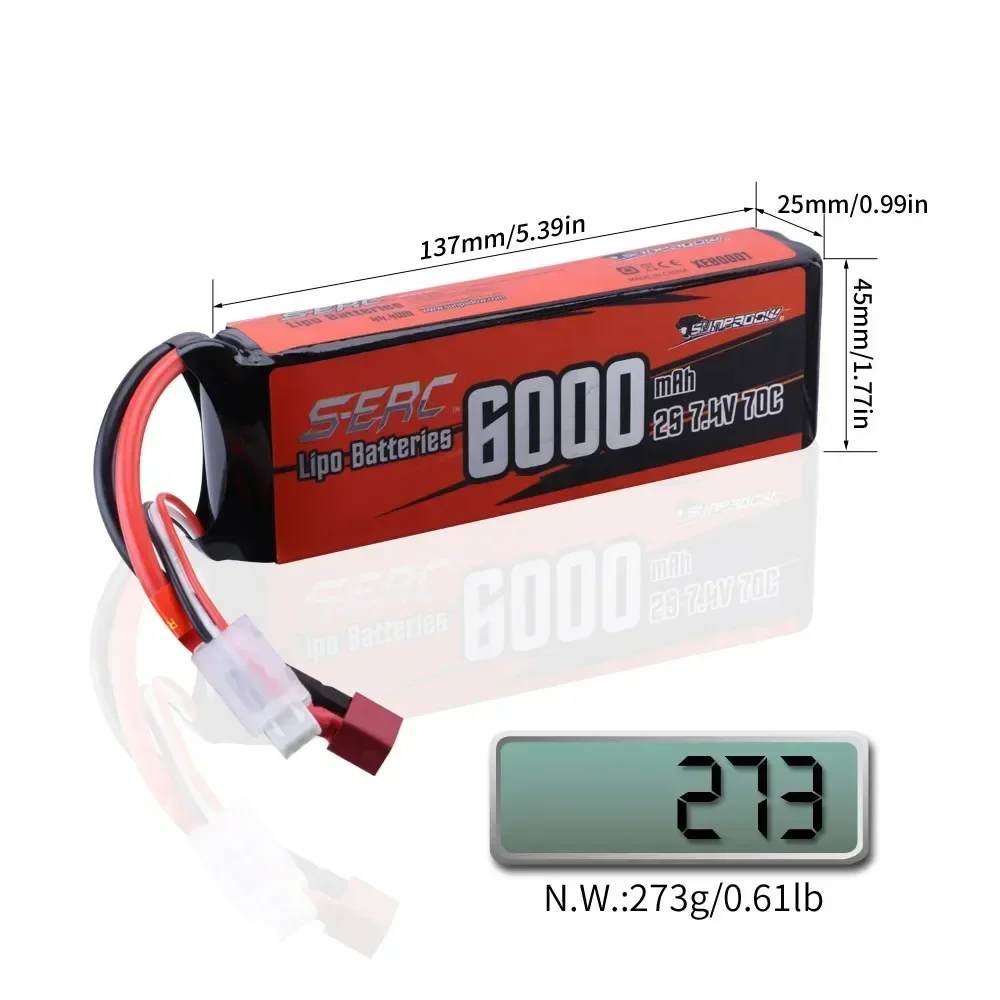 2S Lipo Battery for 7.4V 6000mAh 70C Soft Pack with Deans T Plug RC Car Boat Airplane Truck Tank Vehicle Truggy Buggy