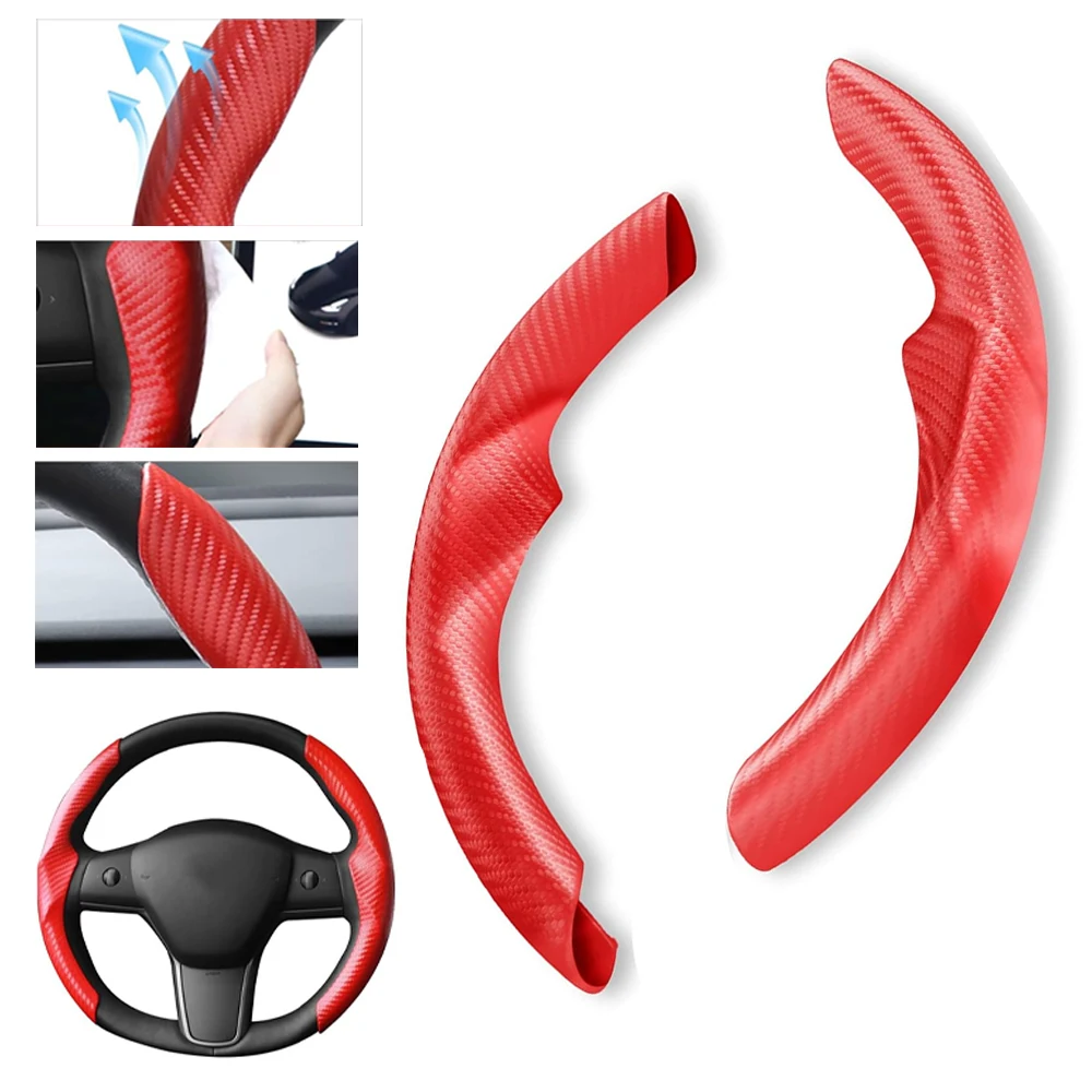Lenkradabdeckung aus Kohlefaser in Rot/Rot für Tesla Model 3Y, ergonomisches Griffdesign mit atmungsaktivem Stoff, hochtemperatur- und verschleißbeständig, schnelle werkzeuglose Installation,