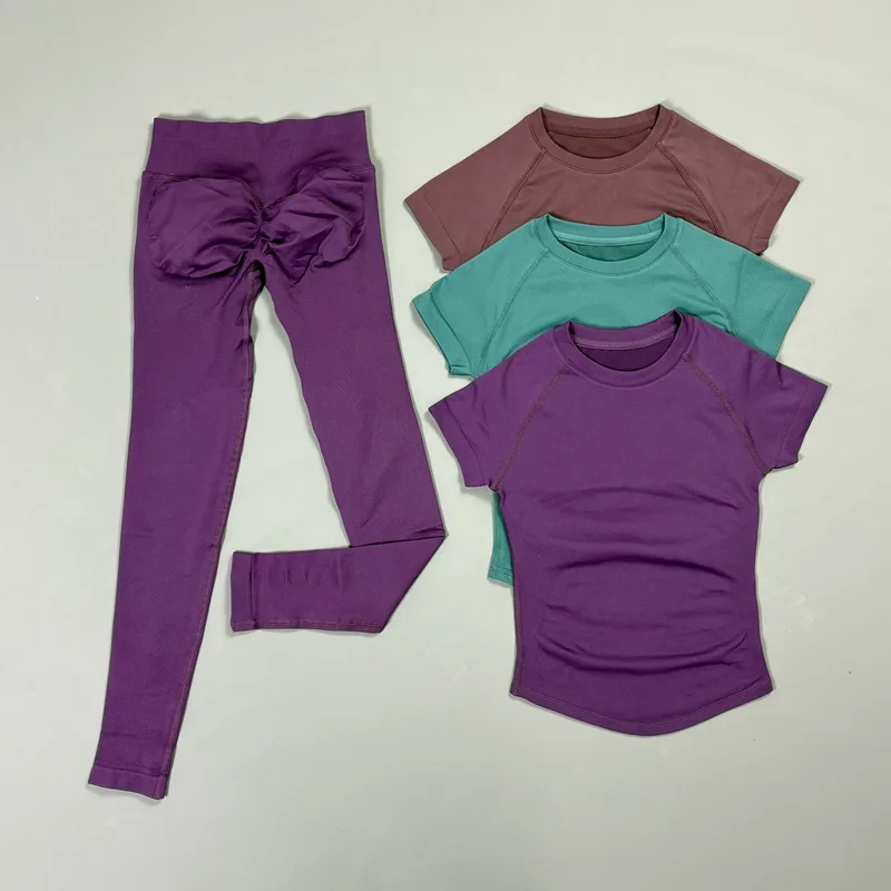2-teiliges HISTELLO Fitness-Set für Damen Hochelastisches Nahtloses Kurzarm-Oberteil Low-Waist-Leggings Bauchkontrolle Po-Lifting Yoga-Gym-Set – Detail 7