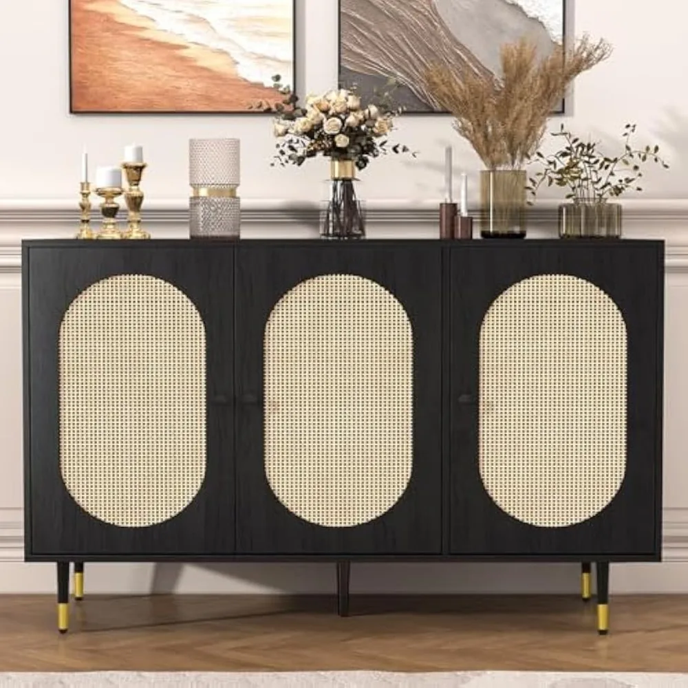 

Black Rattan Buffet Cabinet, Rattan 3 Doors Buffet Cabinet with Storage, 47'' Sideboard with Adjustable Shelf for Kitchen, Dinin