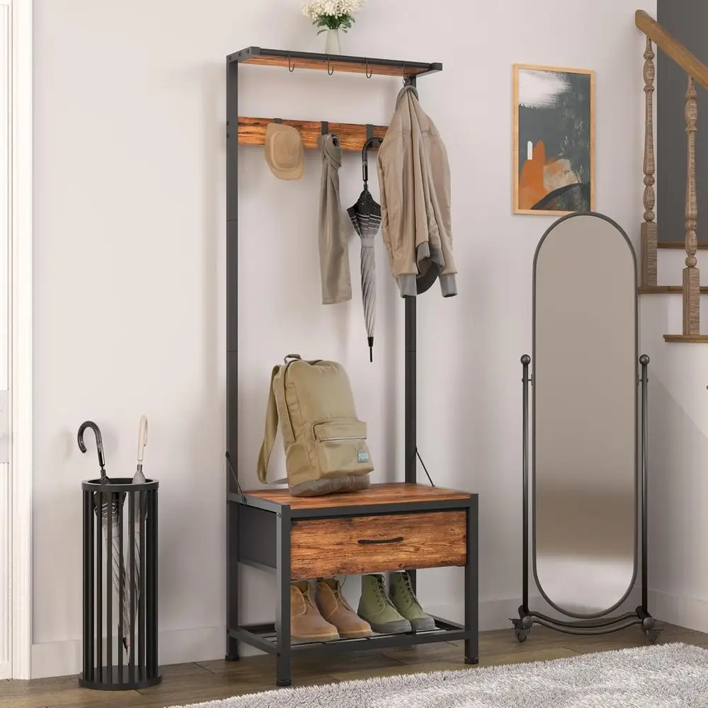 

Hall Tree with Shoes Bench, Small Coat Rack with abirc Der and Shel or Bedroom, 4-in-1 Entryway Organizer with Shoes Stool or Li