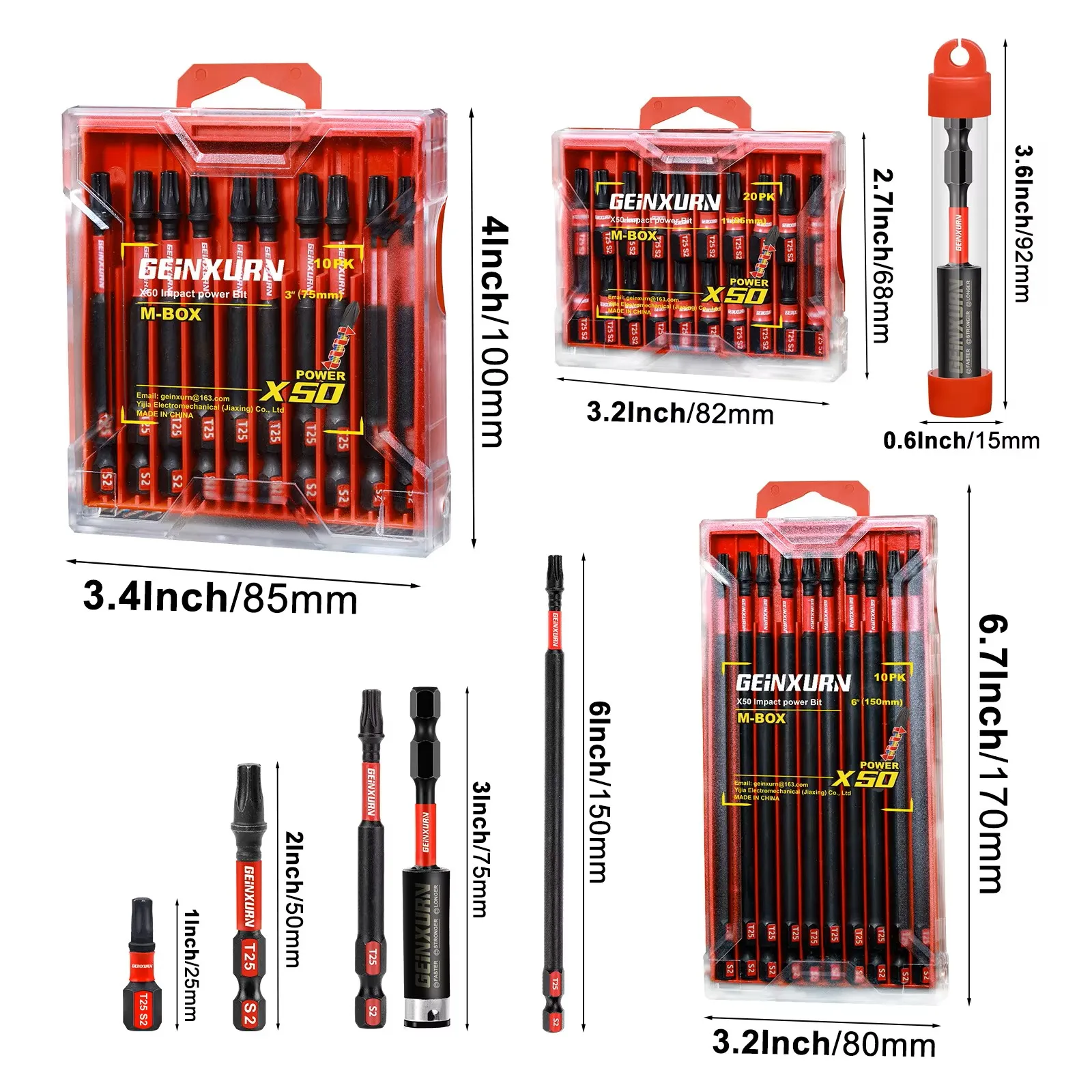 Geinxurn T25 Impact Tough Magnetic #25 Torx Star Bits S2 Alloy Steel With Storage M-Box, Marine Boat Hardware