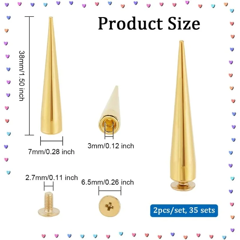 70pcs 35 Sets Bullet Spike Cone Studs Alloy Cone Spikes Screwback Studs Golden Rock Style Bullet Rivets for DIY Leather Crafts