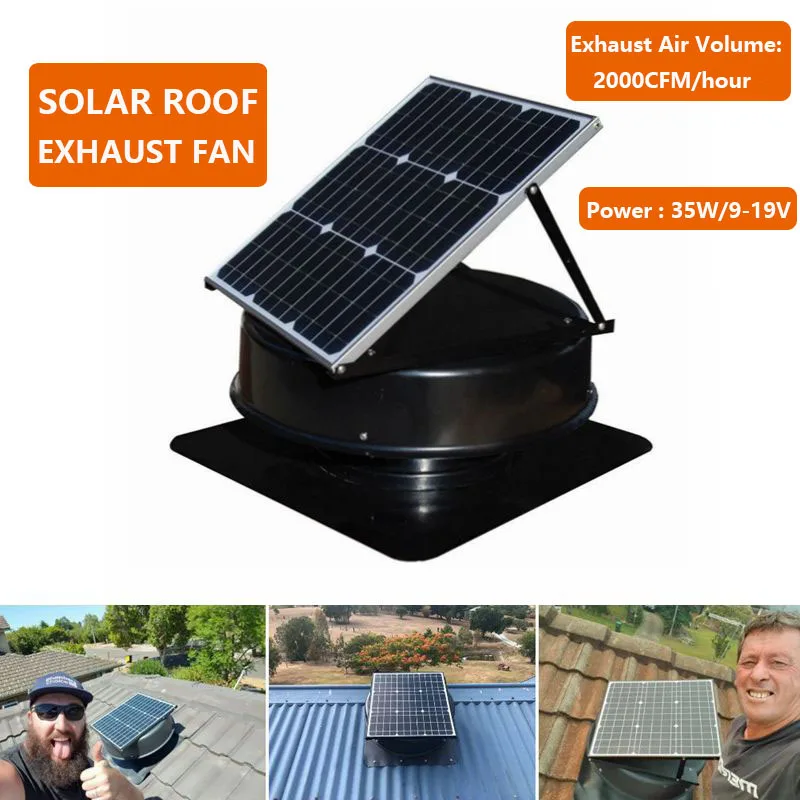 

35W Solar Attic Exhaust Fan Roof Mounted Ventilator 2000cfm High Air Volume for Mobile Toilet Greenhouse Small Farm Pets House