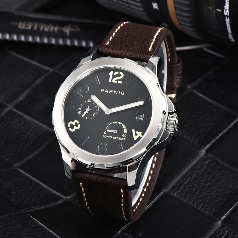 Parnis 44mm Silver Case Automatic Mechanical Men Watch Power Reserve Leather Strap Sapphire Crystal Watch for Men