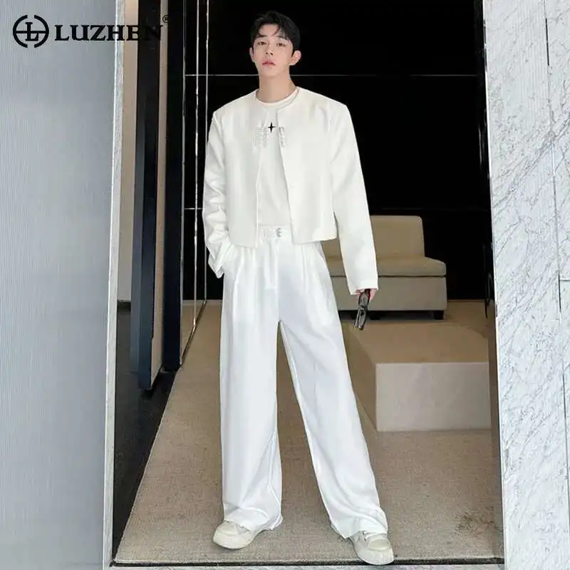 

LUZHEN Trendy Minimalist Fashion Collarless Short Jackets Set Korean High Quality Clothing Elegant Casual Men Suit Pants LZ6492