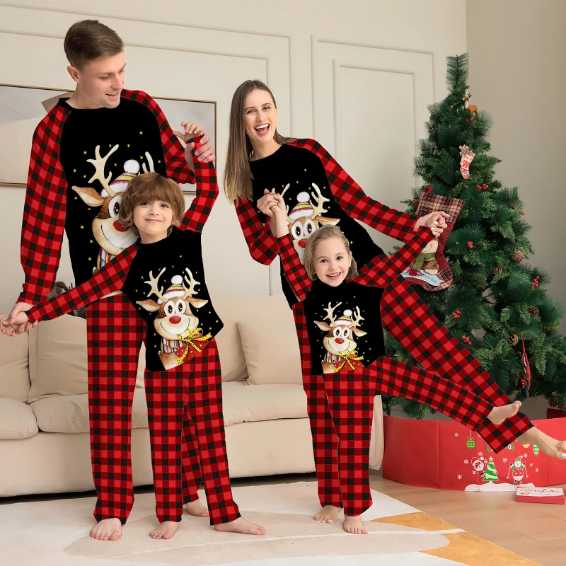 

2025 European and American New Cartoon Fawn Plaid Christmas Parent-child Wear Printed Loungewear Pajamas Adult Kids Homewear Set