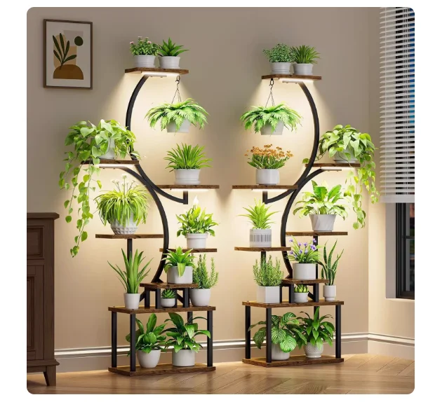 Indoor Plant Rack with Plant Light, Multi-layered Balcony and Living Room Country-style Floor-standing Iron Flower Pot Stand