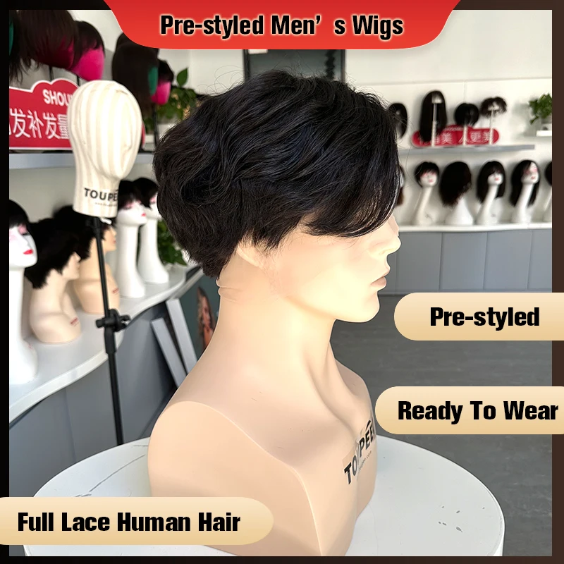 Men\'s Wig Full Lace 100% Human Hair Wigs For Men PreStyled Quality Natural Black Male Wig Easy To Wear Transparent Full Lace Wig