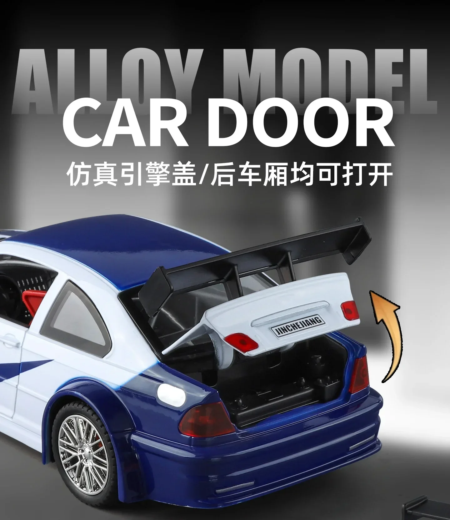 1:24 M3 GTR E46 Racing Alloy Metal Diecast Model Car Sound and Light Pull Back Collectibles Hobby Birthday