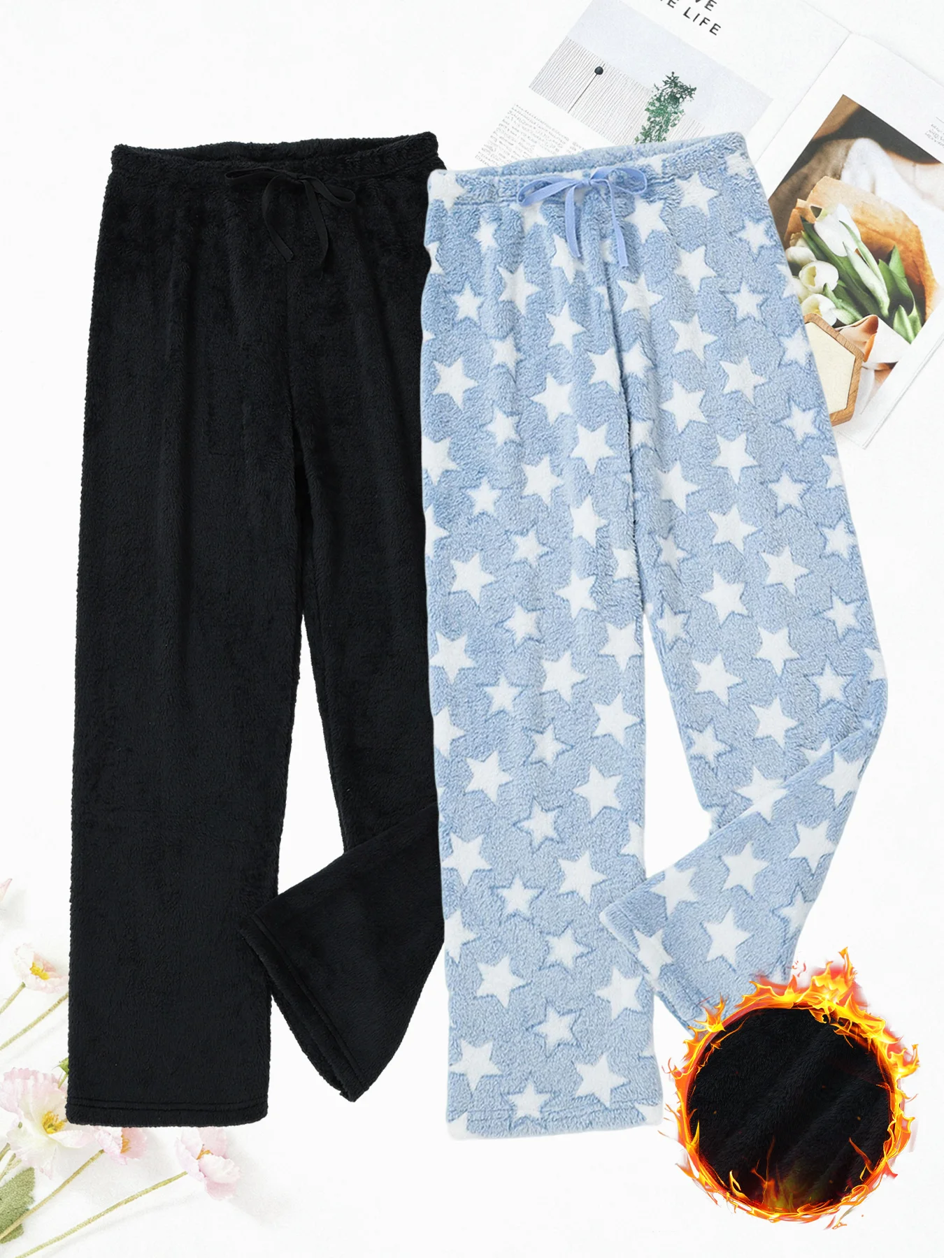 กางเกงชุดนอนผ้าสักหลาดนุ่มพิเศษสำหรับผู้หญิง 2 ชิ้น กางเกงลำลองสำหรับใส่ในบ้านในฤดูหนาว