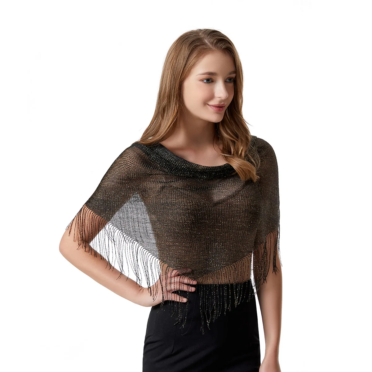 2024 Cape Sun Protection Knitting Hollow-out Bright Silk Tassel Small Shawl Short Jacket Blouse