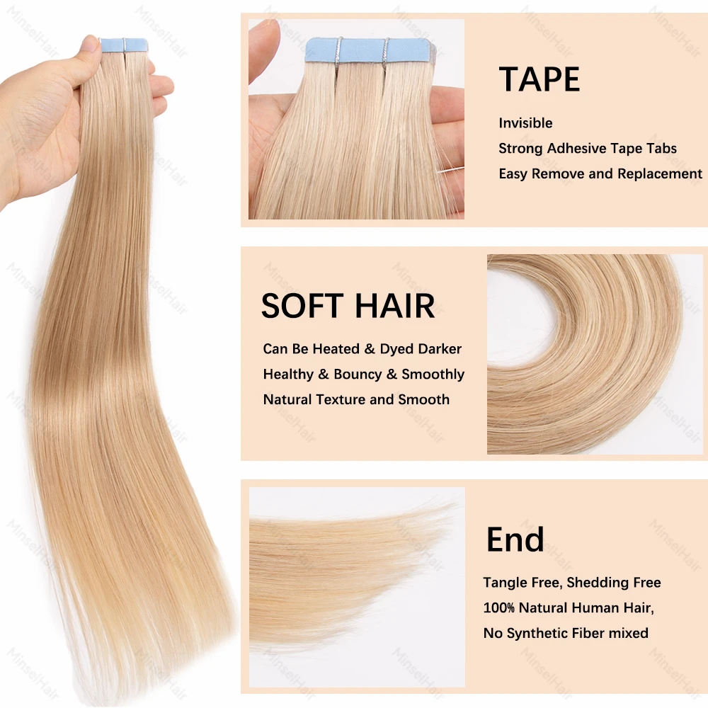 P18/60 ブロンドテープイン 20 ピース/パックヘアエクステンション人毛 100% レミーナチュラルスキン横糸防水 14-22 インチ 40/50 グラム