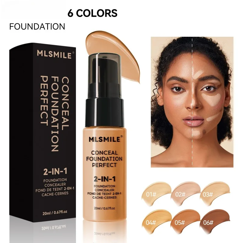 2-In-1 6 Color Oil Control Liquid Foundation and Conceal Long-Lasting Waterproof Face Comestics Natural Brighten Concealer 20ML