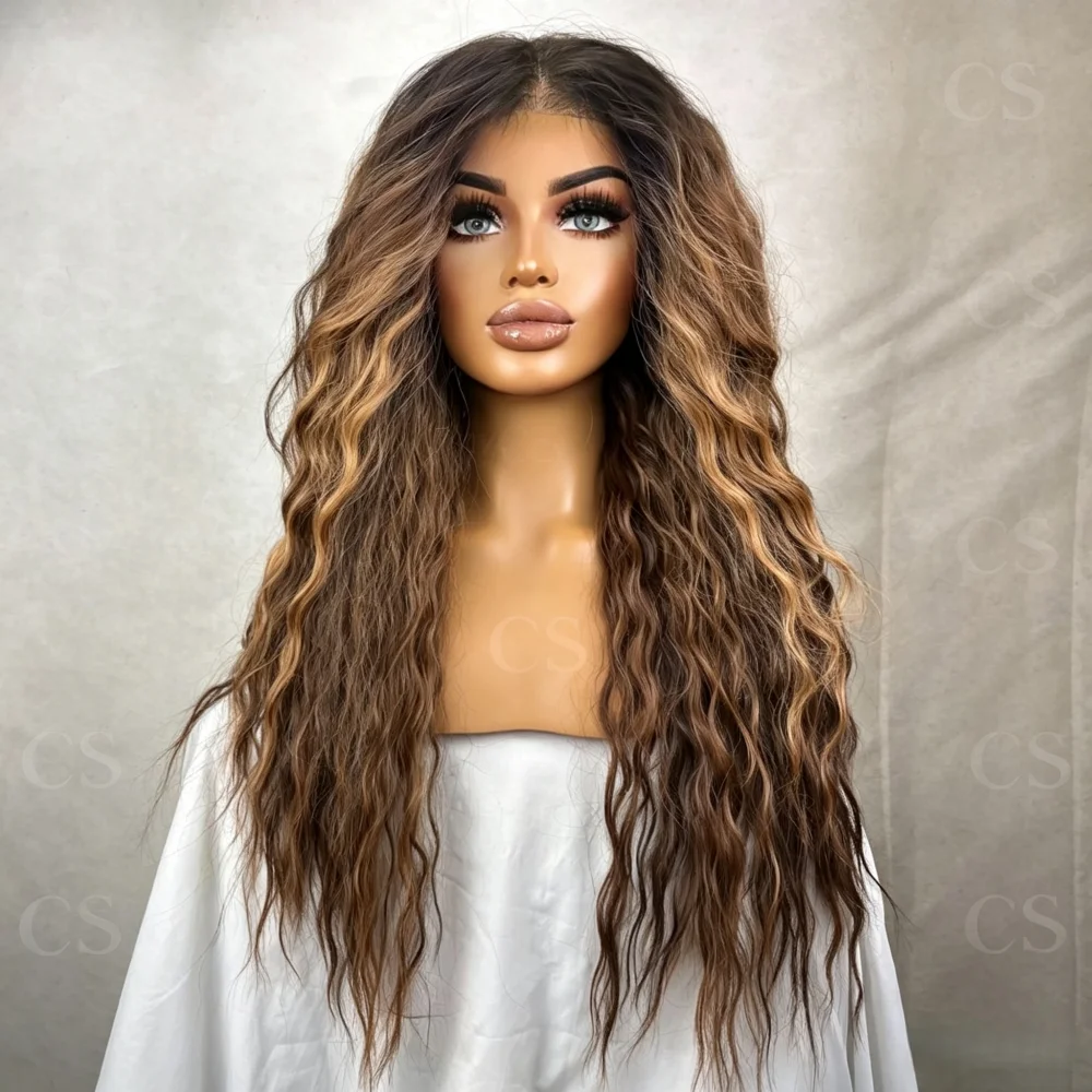 

26inch Glueless Ombre Brown Kinky Curly Wig 180 Density Preplucked Lace Front Natural Hairline Synthetic Baby Hair for Women