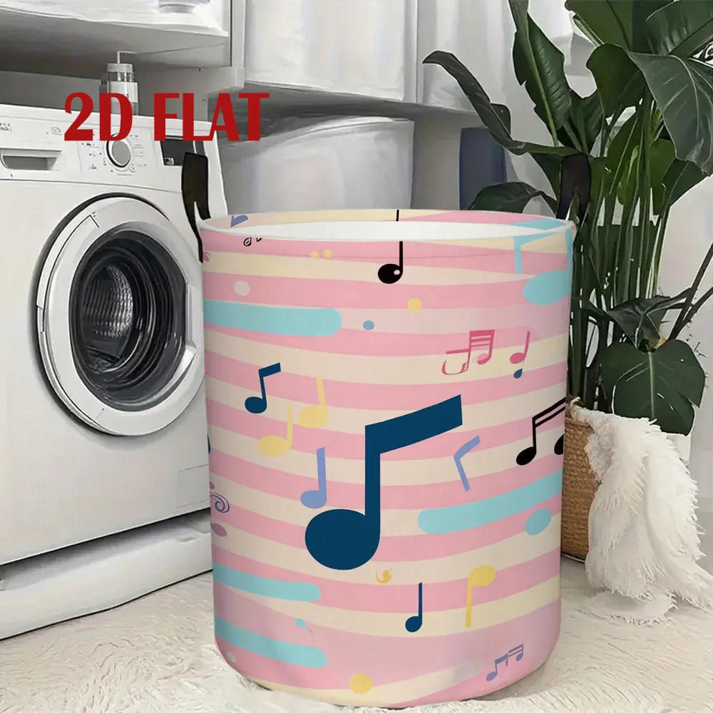 Large Capacity Round Storage Basket with Pastel Pink Blue Music Note Stripe Design Collapsible Portable Laundry Hamper