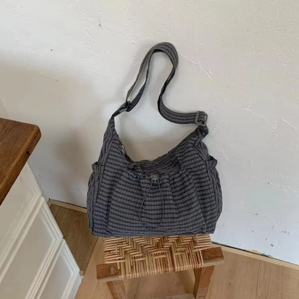 Casual Striped Shoulder Bag Zipper Closure Drawstring Design Nylon Crossbody Bag Plaid Pattern Large Capacity Tote Bag Women