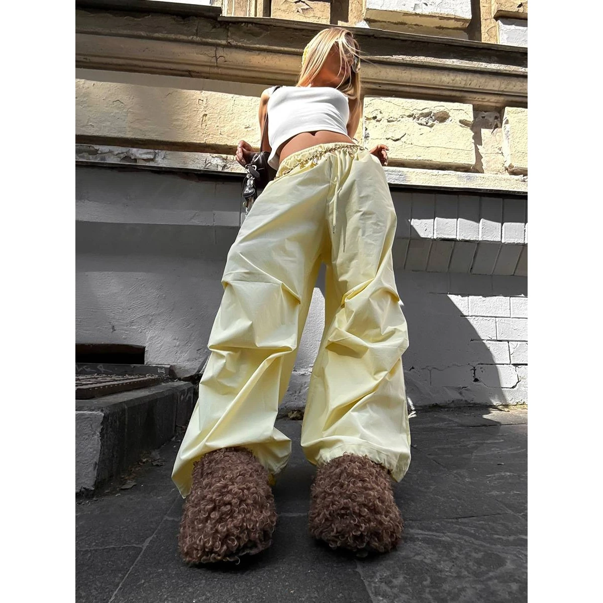 

Low Waist Drawstring Wide Leg Pants Women's Pure Cotton Workwear Trousers Yellow Long Pants Autumn Season Fashion Ladies