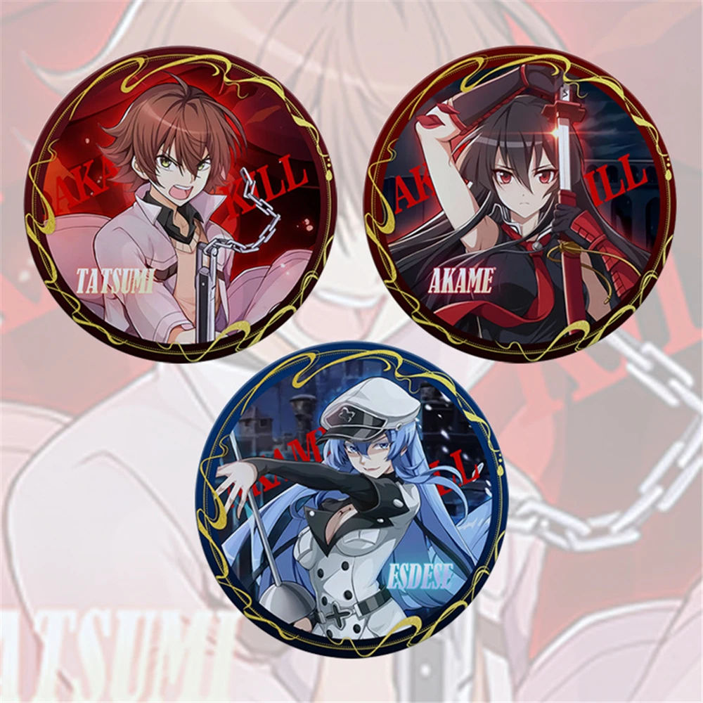 58mm 애니메이션 아카메 가 킬! 타츠미 아카메 미네 레오네 루보크 코스프레 의상 배지 핀 SPTE 틴플레이트 브로치 ﻿   프롭 골프