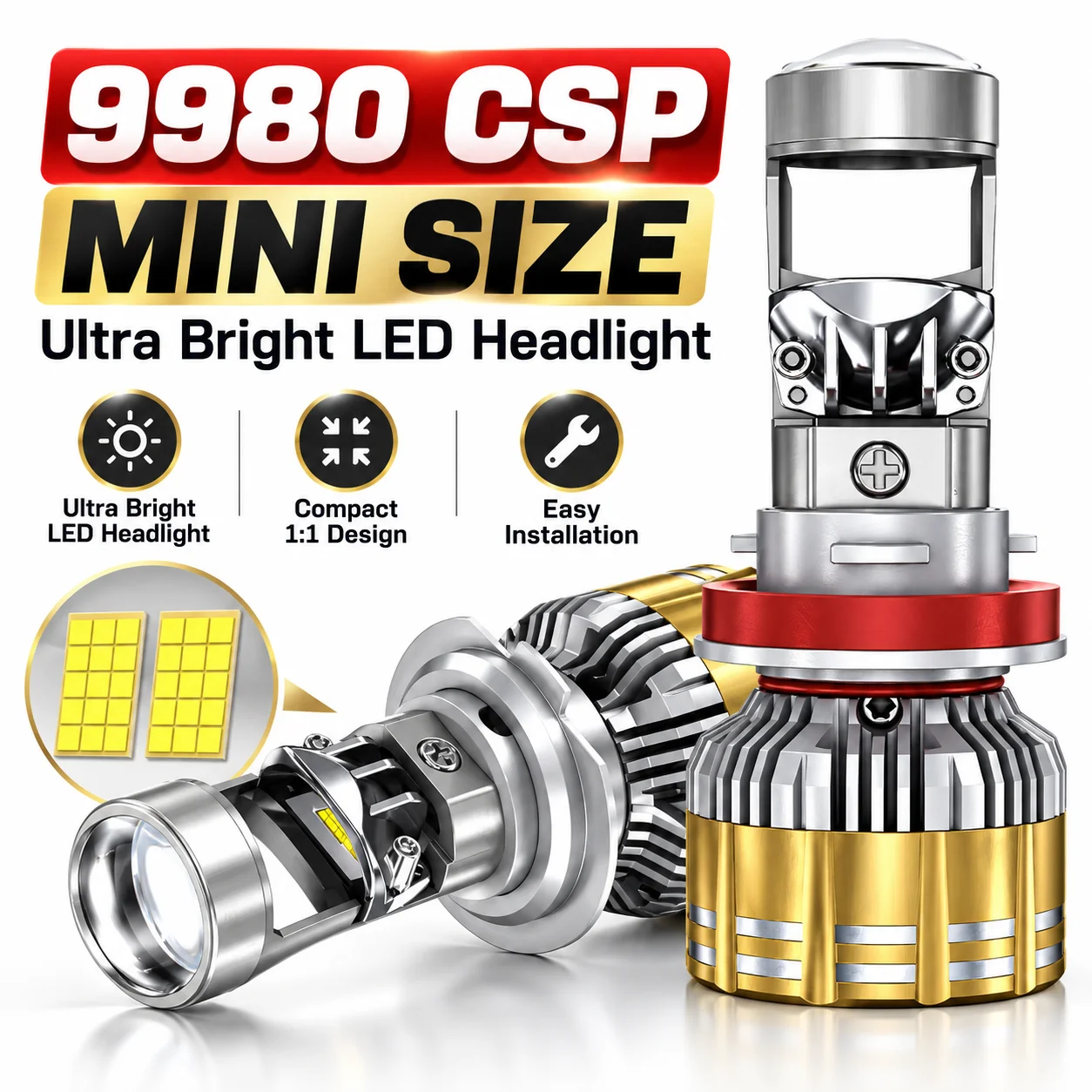 H4 LED Headlight Bulb Mini Projector Lens 9980 CSP Hi Lo Beam Ultra Bright Plug and Play Halogen Replacement for Auto Drivers