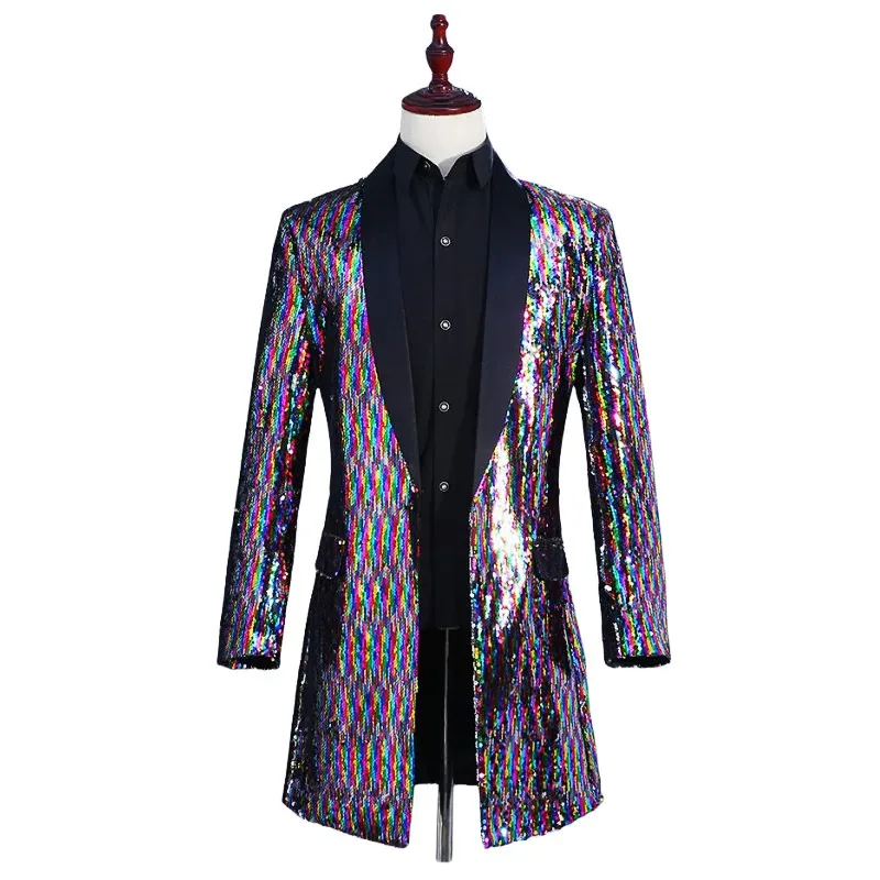 

Colorful Sequins Long Blazer Coat Bar Nightclub Male Singer Concert Stage Performance Medium Length Tuxedo Evening Host Costume