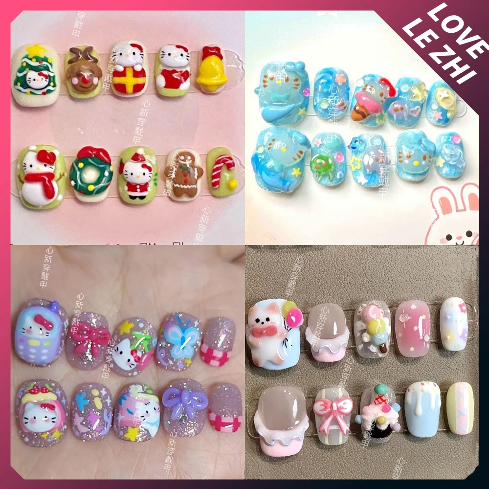 

10Pcs Sanrio Hello Kitty 3D Diy Cartoon Cute Short Round Press On Nails Rainbow Snowman Christmas Tree Blue Butterfly Fake Nails