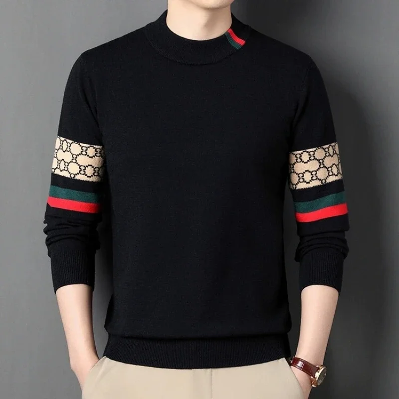 

High end brand round neck knitted sweater men's autumn winter trend European casual letter jacquard design round neck pullover
