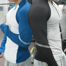 Men Stand Collar Zipper T-shirt Gym Running Training Fitness Bodybuilding Sport Top Quality Elastic Long Sleeve Tight Tops Tees