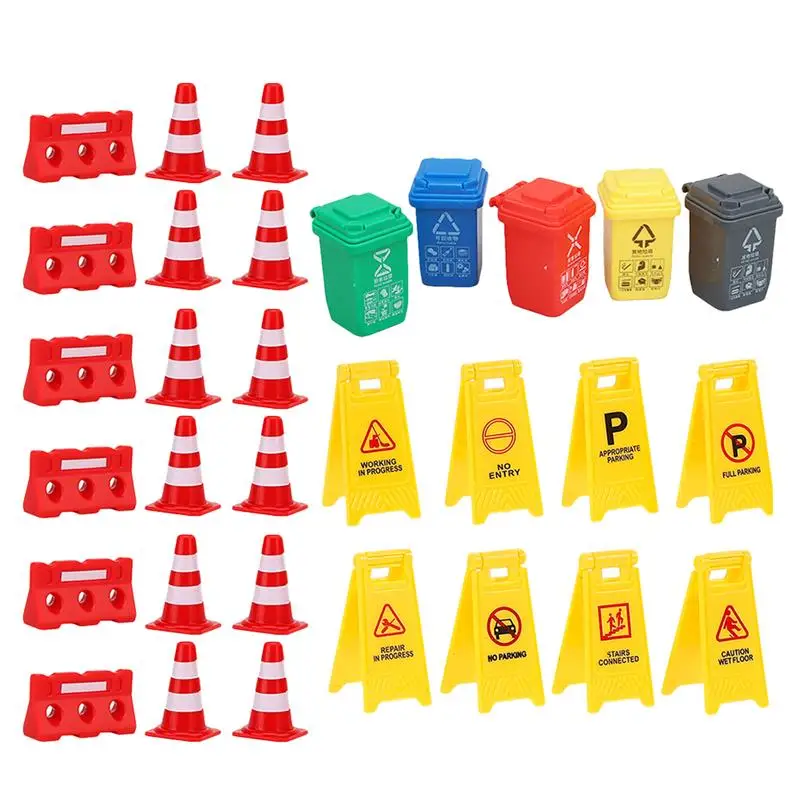 Traffic Signsroad S Cones Sign Street Mini Playset Kids Roadblock Play Miniature For Safety Can Trash Cone Barricade