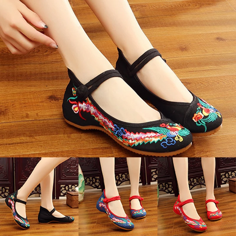 Phoenix Flower Embroidered Women Canvas Ballet Flats Ankle Strap Ladies Casual Cotton Chinese Embroidery Ballerina Shoes