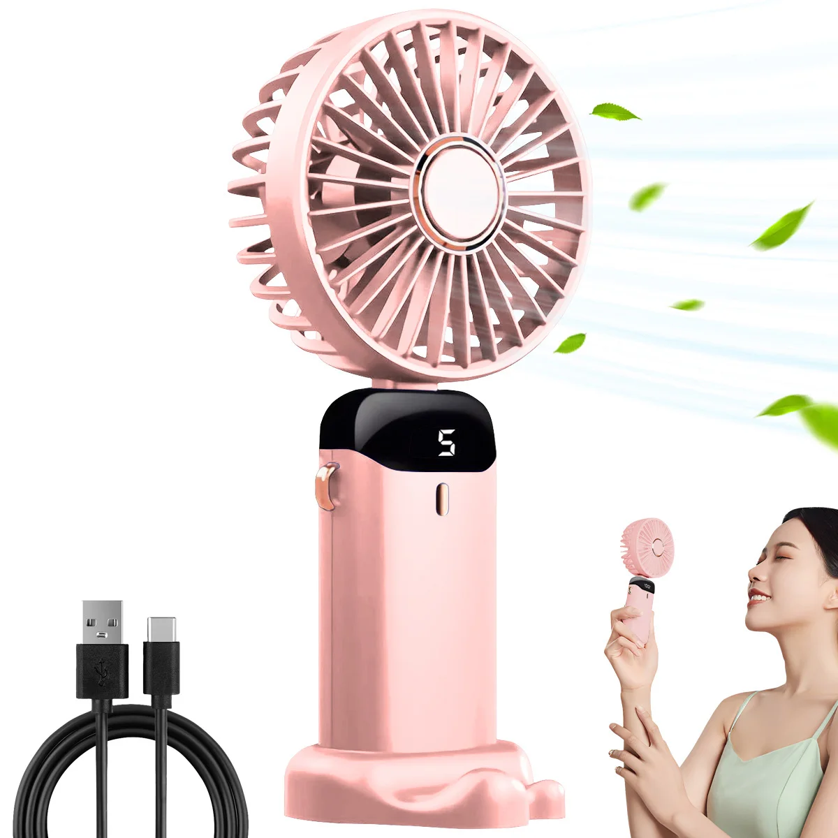 Tragbarer, wiederaufladbarer USB-Handventilator, faltbar, mit 5 Geschwindigkeitsstufen, Handyhalterung, digitaler Anzeige, Kühlung, zum Aufhängen am Hals – Detail 11