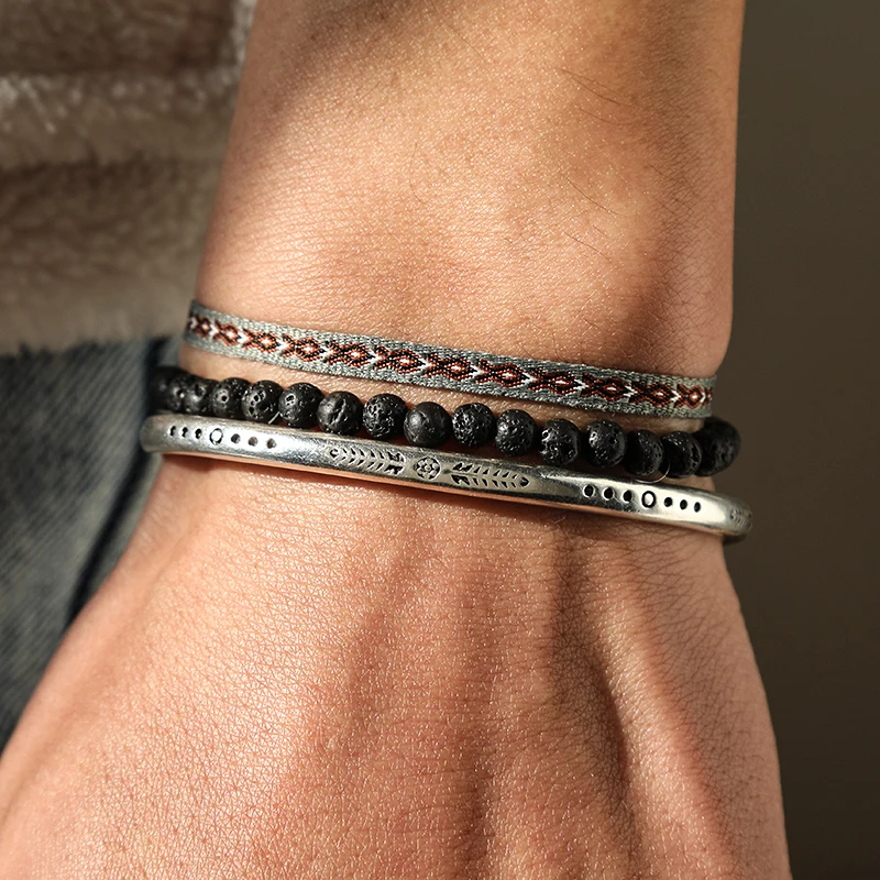 3 pièces/ensemble femmes hommes Bracelets à la mode 925 argent plaqué C-Bangle pierre volcanique Bracelet de perles réglable bijoux cadeaux quotidiens