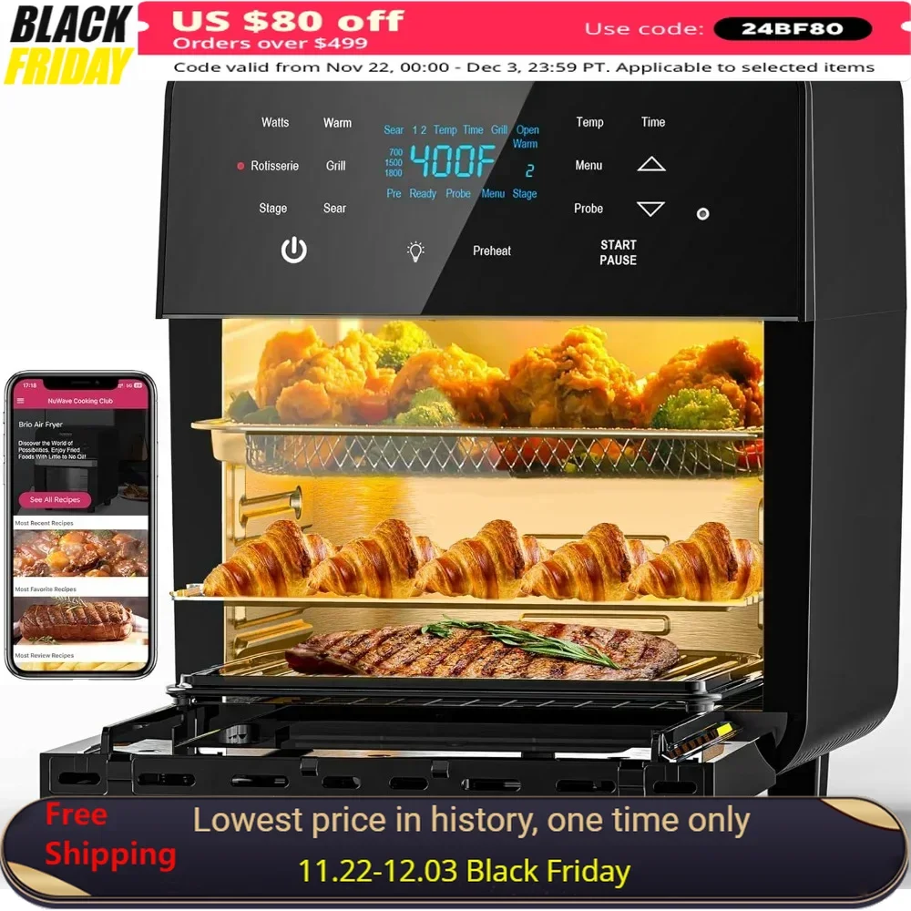 15.5Qt Air Fryers, Air Fryer Rotisserie Oven, 50°-425°F Temp Controls and 4 Rack Positions 100 Presets 50 Memory, Air Fryers