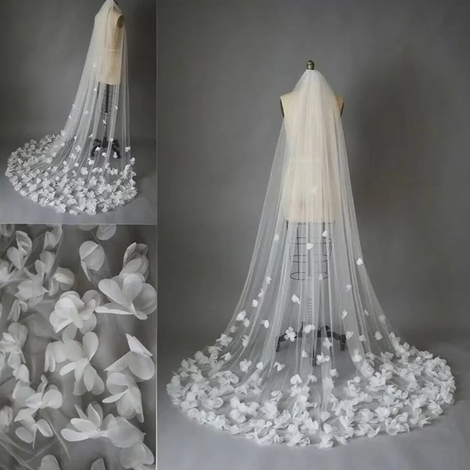 

3D Handmade Floral Cathedral Veil For Petals Woman Drop Wedding Dress Accessaries Bridal Veils with Comb