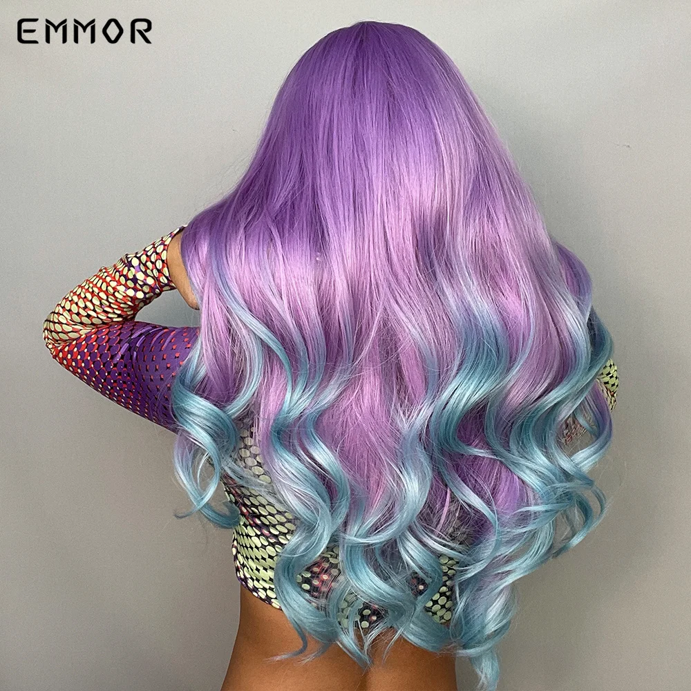 Blonde Emmor Synthetic Long Wavy Wig Ombre Purple to Blue For WOMEN Cosplay halloween Wigs Heat Resistant Fiber Bangs Hair