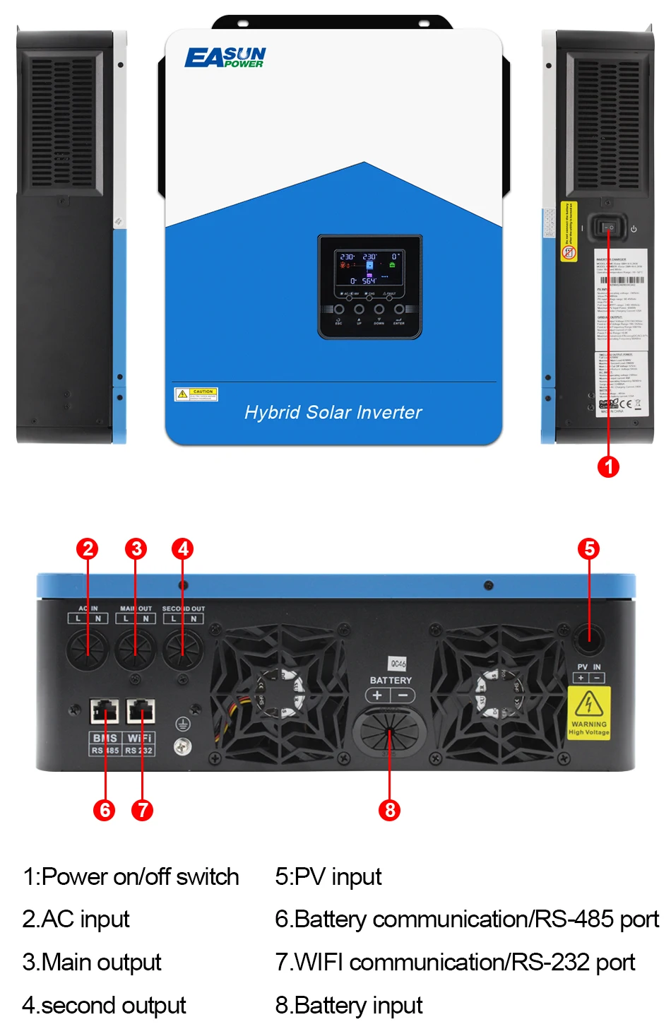 Easun 6,2 kW 4,2 kW 3,2 kW 2,2 kW Hybrid-Solarwechselrichter 12 V 24 V 48 V MPPT Off Grid 50/60 Hz reine Sinuswelle 120 A 80 A 230 V Solarladung – Detail 16