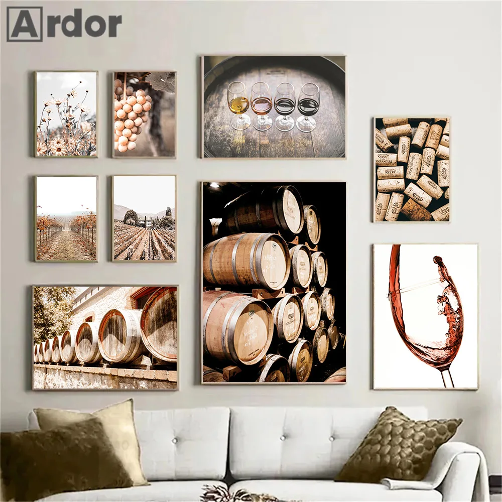 Oak Barrel Canvas Poster Wine Print Vineyard Wall Art Painting Flower Grape Posters Nordic Wall Pictures Living Room Home Decor