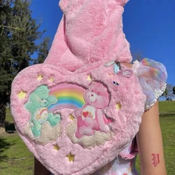 Cartoon Care Bears Backpack With Hat Kawaii Carebears Heart Shape Plush School Bag For Girls Women Large Capacity Pink Back Bag