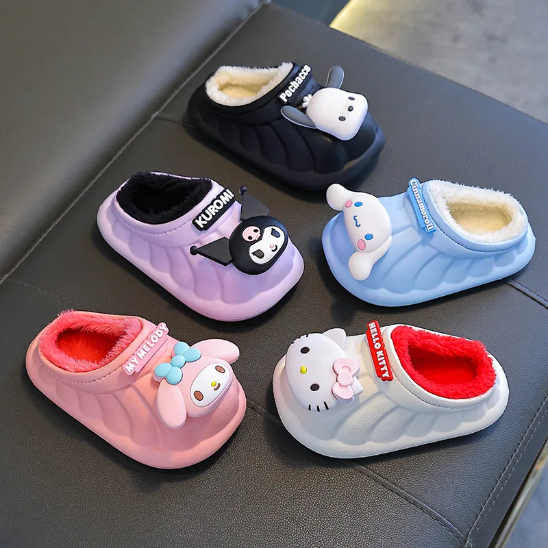 Sanrios Winter Child Cotton Slippers Boy Girl Keep Warm Kawaii Cartoon Plus Velvet Water Proof Parent-Child Heeled Cotton Shoes