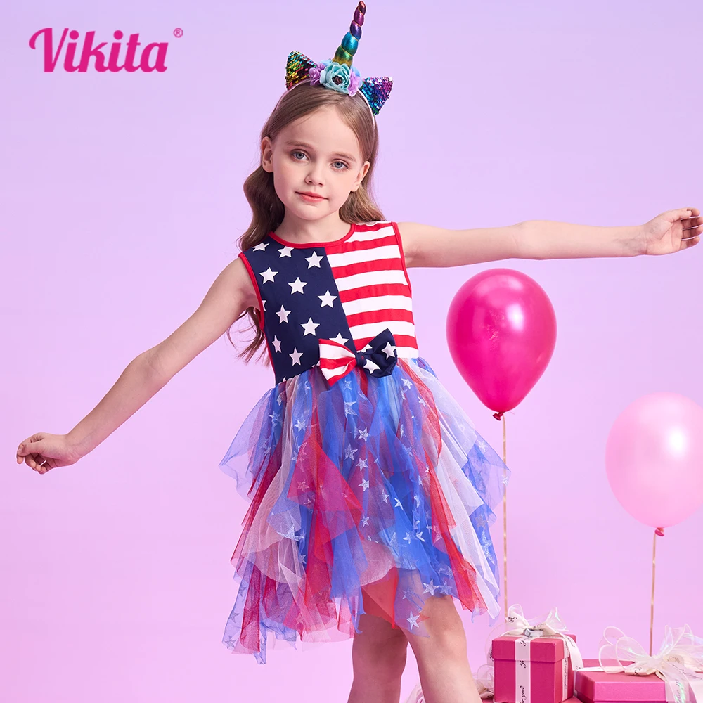 

VIKITA Kids Sleeveless Dress Toddlers Summer Dresses Girls Star Striped Print Dress with Bow Knot Kids Patchwork Mesh Dresses