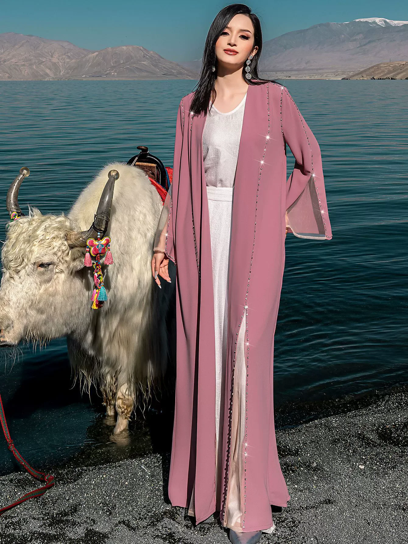 Eid มุสลิม Abayas สําหรับสตรี 2 ชิ้นชุดเย็บปักถักร้อยเสื้อสเวตเตอร์ถัก Robe Lace Up ชุดโมร็อกโก Kaftan อิสลาม Ramadan ดูไบ ...