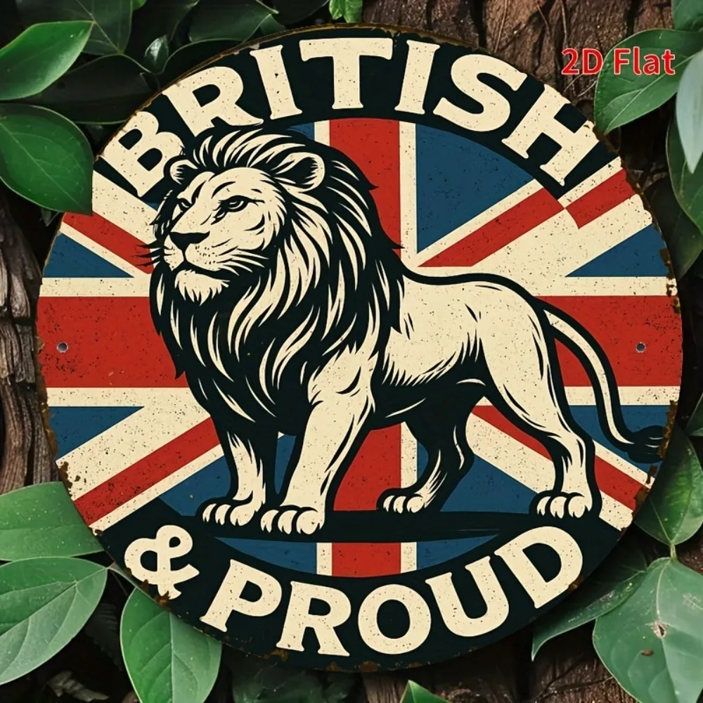 لافتة حائط حديدية عتيقة من Lion & Union Jack - لوحة معدنية ريفية مع نص "British & Proud"، ديكور متين مثبت على الحائط