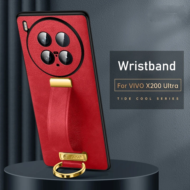 

Cover For vivo X200 Ultra Soft Leather Phone Wristband Case For Vivo X200S X200 Pro X100 Ultra Slim Shockproof Back Stand Cover