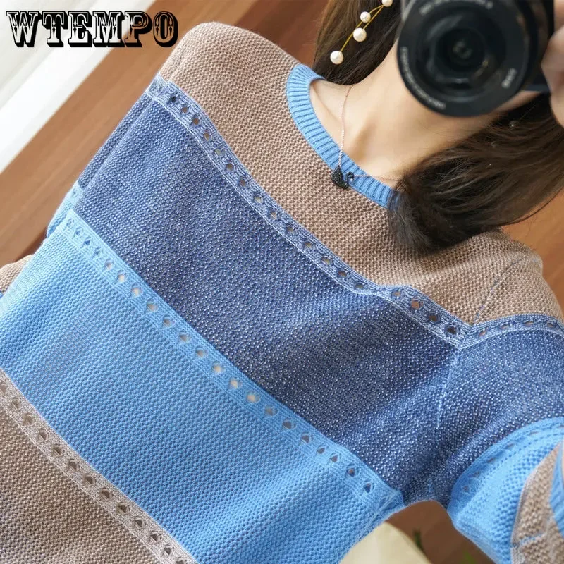 WTEMPO Summer Women Knitted Short Sleeve Lightweight Sweater Female Hollow Out Turtleneck Pullover Ladies Loose Knit Jumpers