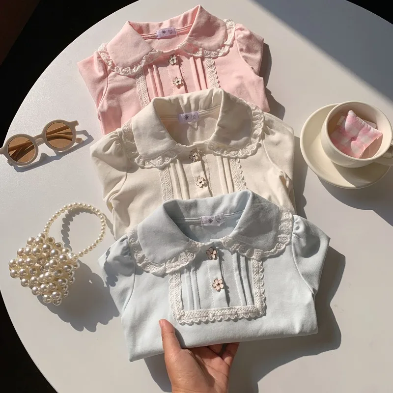 Children Girls Peter Pan Collar Shirt RAISE Autumn 2-8Yrs Kid Girl Undershirt Loose Lace Infant Babys Girl Long Sleeve Pullovers